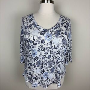 Rachel Zoe Linen Tee Shirt Pullover Size 2X Blue White Floral V Neck 3/4 Sleeves